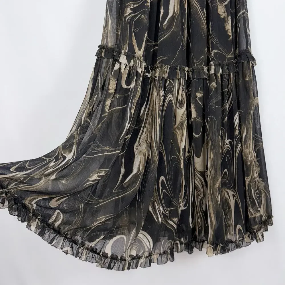 Banana Republic Marbled Halter Smocked Waist Maxi Dress Women's Small Black Tan